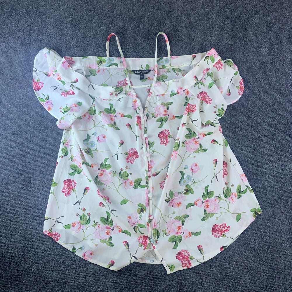 Express Blouse Top Womens Small White Floral Strappy Cold Shoulder Button Up